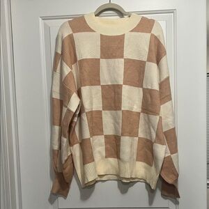 Checkered Cream and Tan Women's Sweater